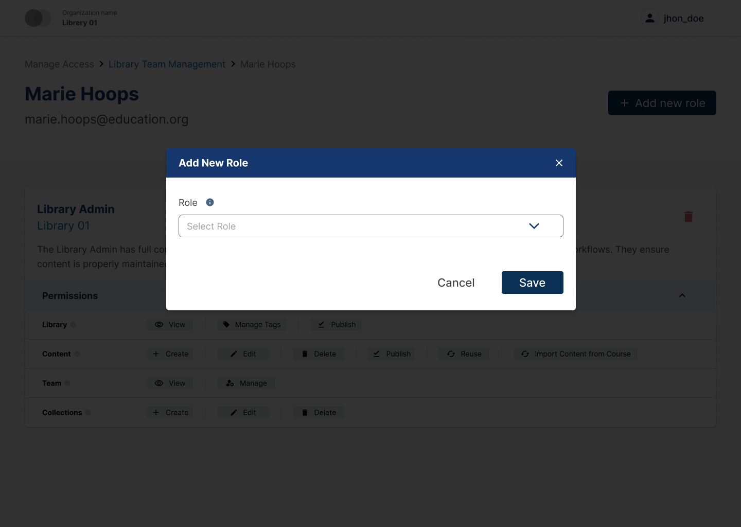 The pop-up dialog has a dropdown for selecting a role, and both a Cancel and a Save button in the bottom right.
